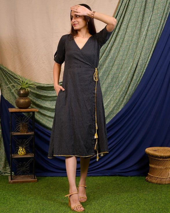 Black Kantha Wrap Dress