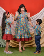 Turquoise Floral Frill Mom Kid Twinning