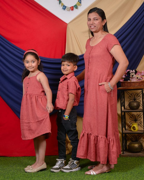 Pink Checkered with Sleeves Mother Kids Twinning