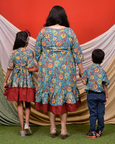 Turquoise Floral Frill Mom Kid Twinning