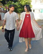 Maroon Red Dress With Shrug Couple Set