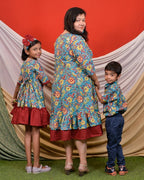 Turquoise Floral Frill Mom Kid Twinning