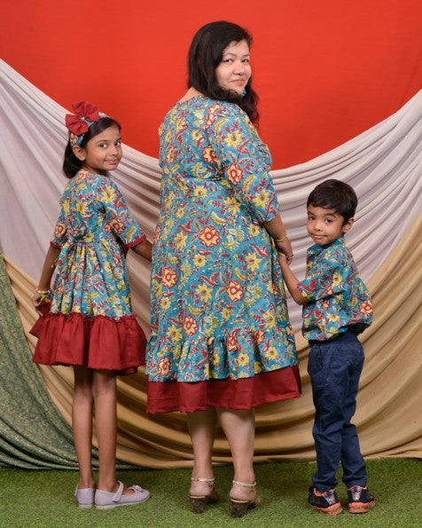 Turquoise Floral Frill Mom Kid Twinning