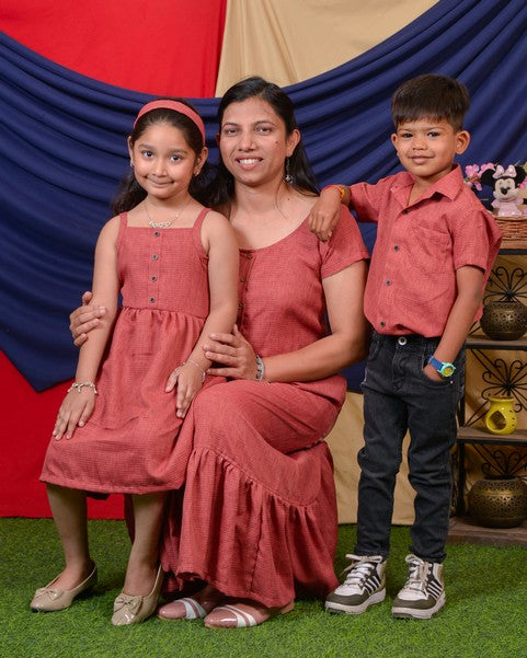 Pink Checkered with Sleeves Mother Kids Twinning