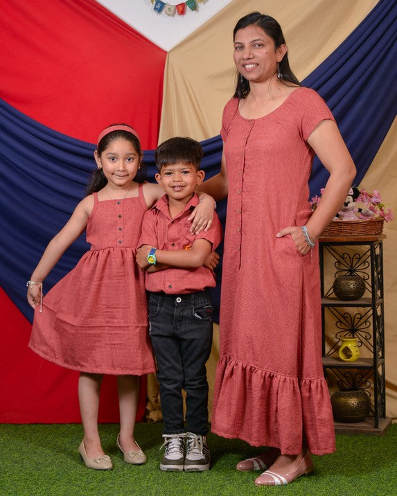 Pink Checkered with Sleeves Mother Kids Twinning