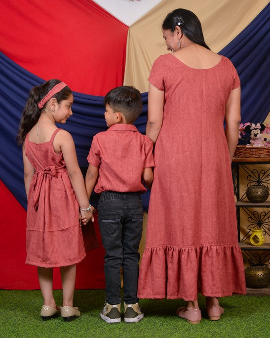 Pink Checkered with Sleeves Mother Kids Twinning