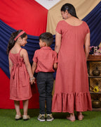 Pink Checkered with Sleeves Mother Kids Twinning