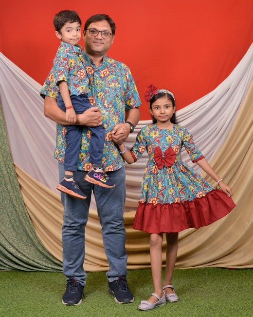 Turquoise Floral Frill Father Kid Twining