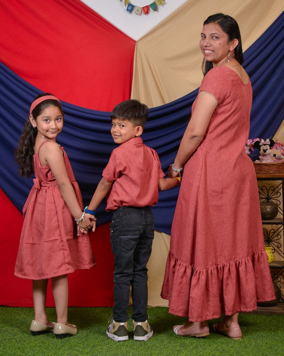 Pink Checkered with Sleeves Mother Kids Twinning