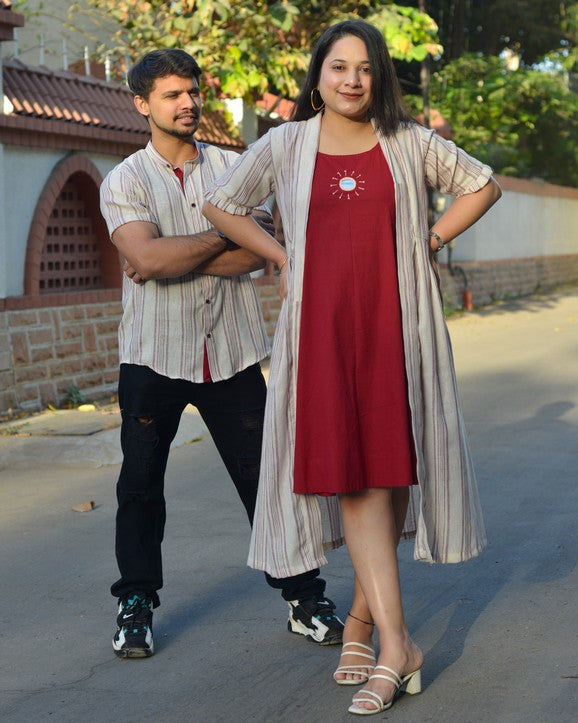 Maroon Red Dress With Shrug Couple Set