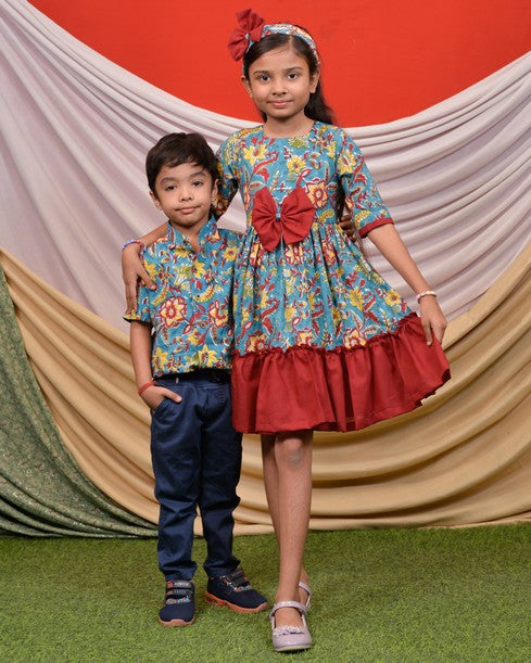 Turquoise Floral Frill Mom Kid Twinning