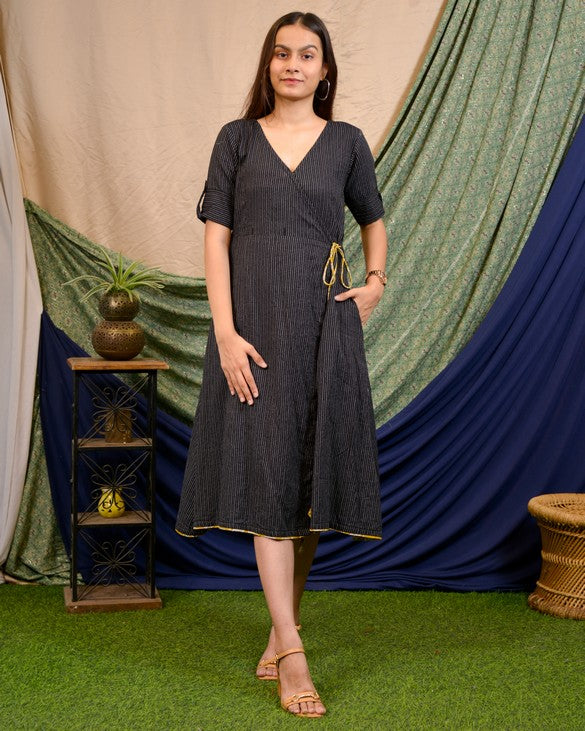 Black Kantha Wrap Dress