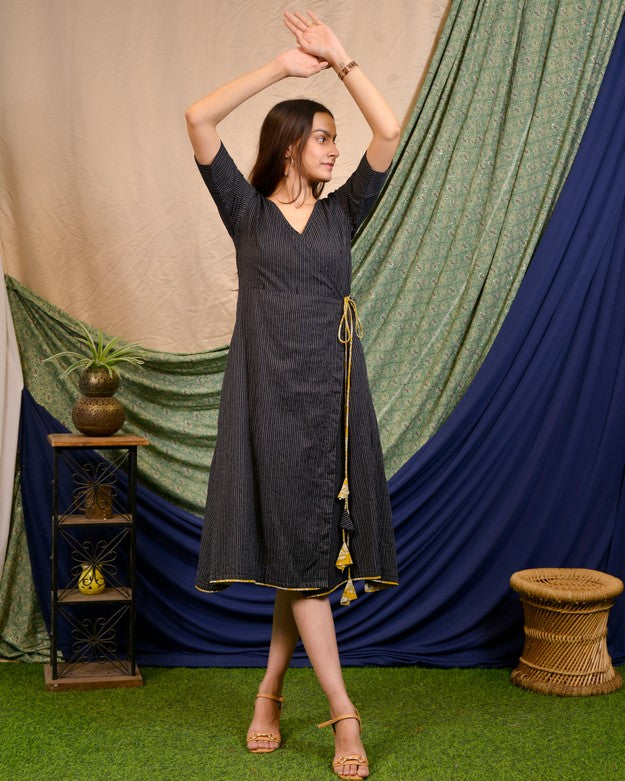Black Kantha Wrap Dress