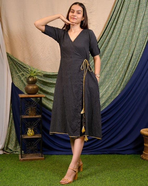 Black Kantha Wrap Dress