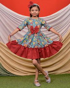 Turquoise Floral Frill Kids Dress