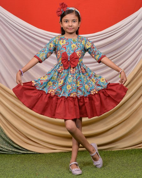 Turquoise Floral Frill Kids Dress