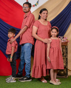 Pink Checkered Dress with Sleeves family set