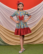 Turquoise Floral Frill Kids Dress