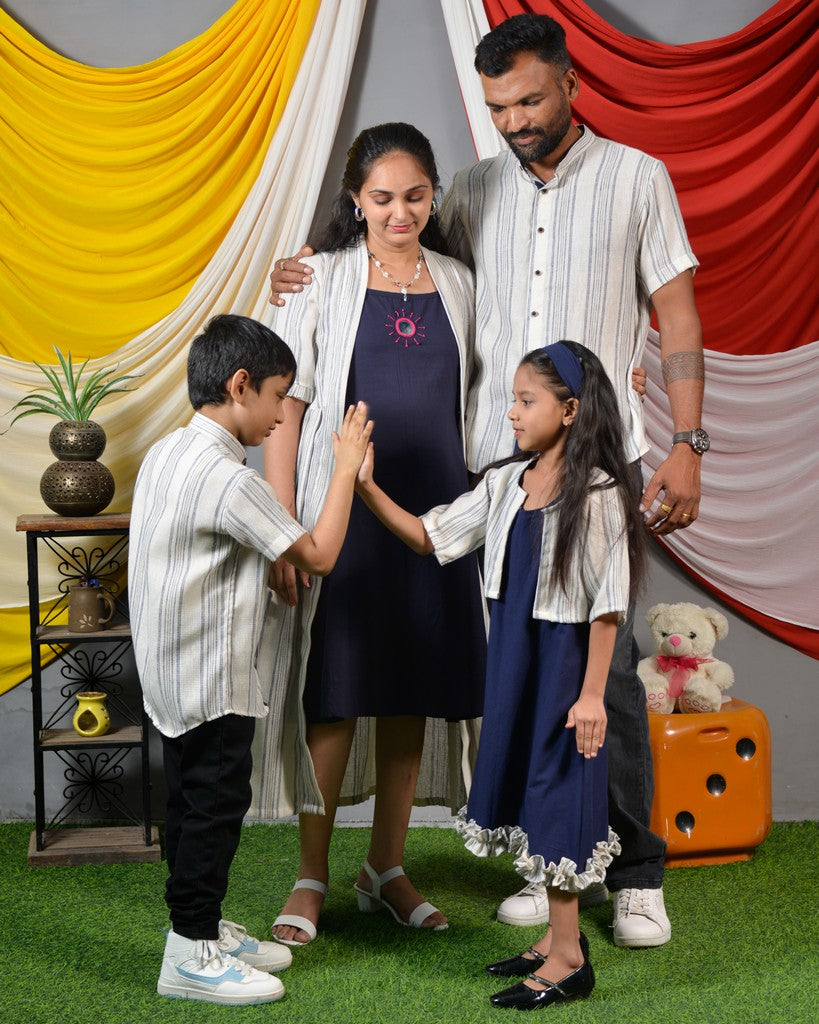 Navy Mirror Dress with Shrug Family Set