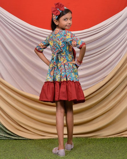 Turquoise Floral Frill Kids Dress
