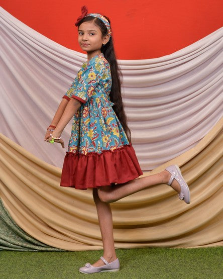 Turquoise Floral Frill Kids Dress