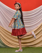 Turquoise Floral Frill Kids Dress