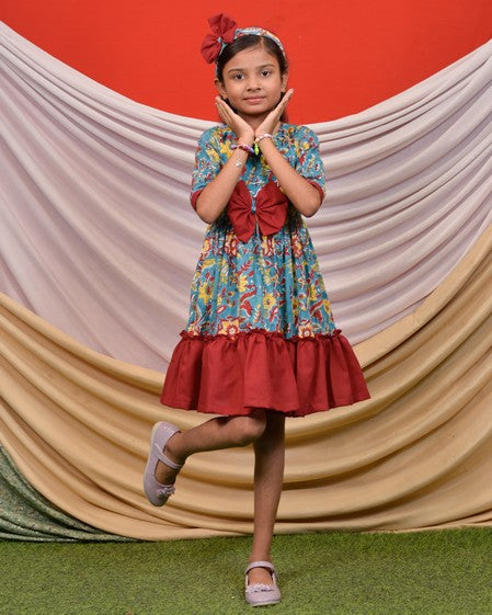 Turquoise Floral Frill Kids Dress