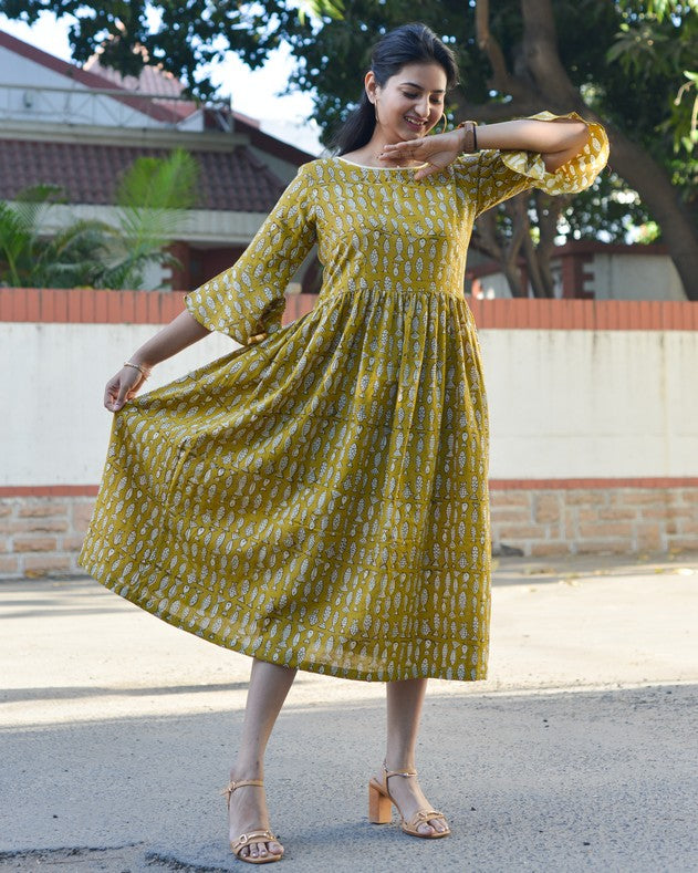 Yellow Fish Print Nursing Dress