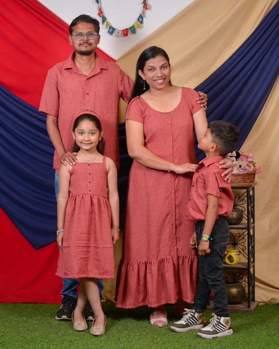 Pink Checkered Dress with Sleeves family set
