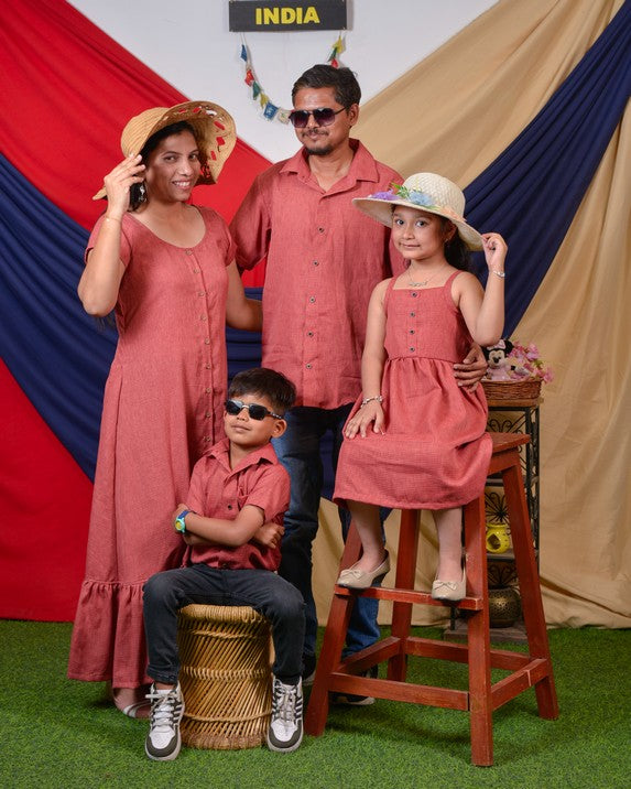 Pink Checkered Dress with Sleeves family set