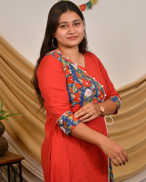 Crimson Red Angrakha Nursing Dress