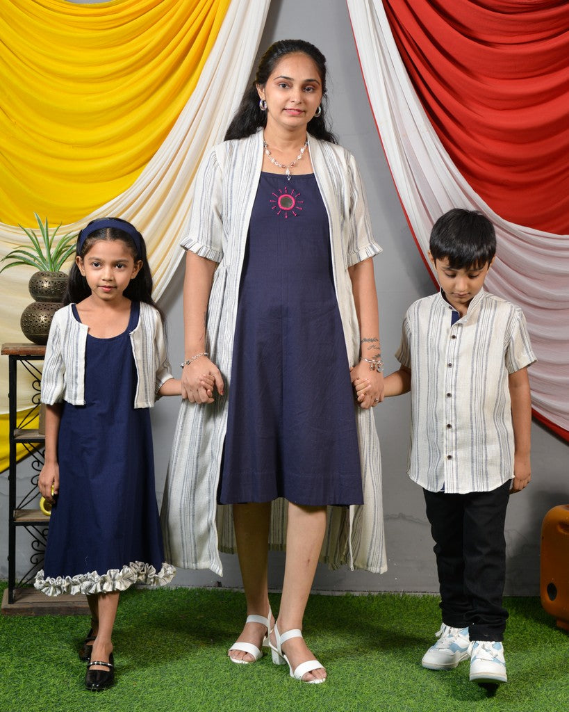 Navy Mirror Dress with Shrug Family Set