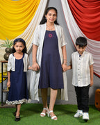 Navy Mirror Dress with Shrug Family Set