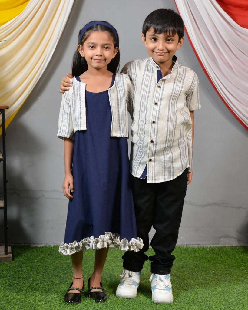 Navy Mirror Dress with Shrug Family Set