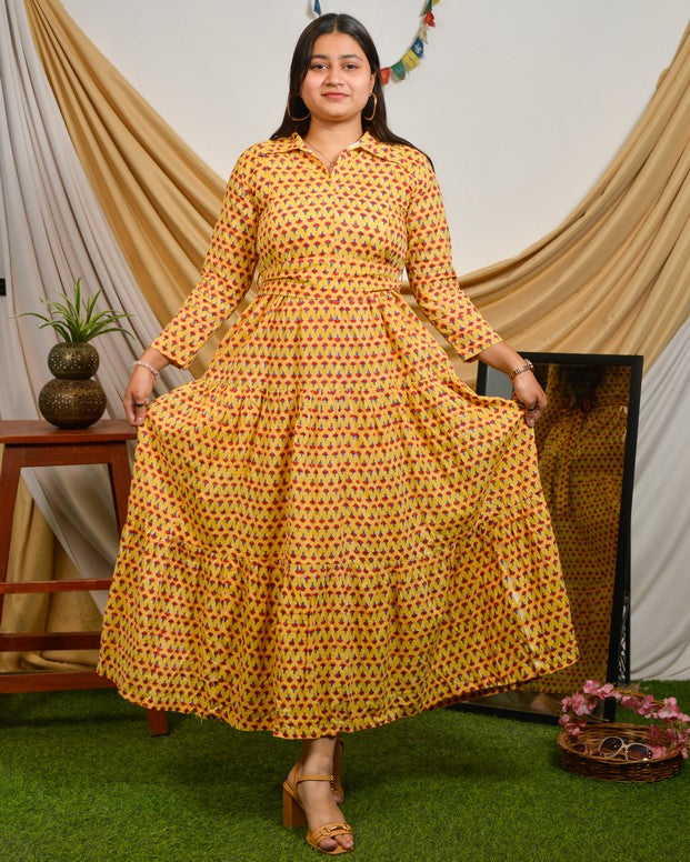 Spring Yellow Tiered Maternity Dress