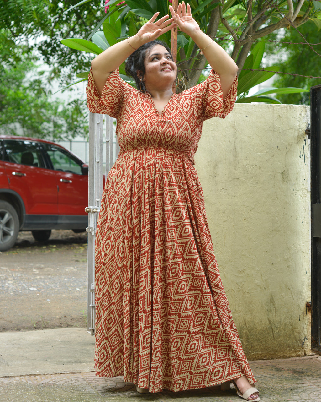 Red Aztec Slit Kirtle Plus Size Dress