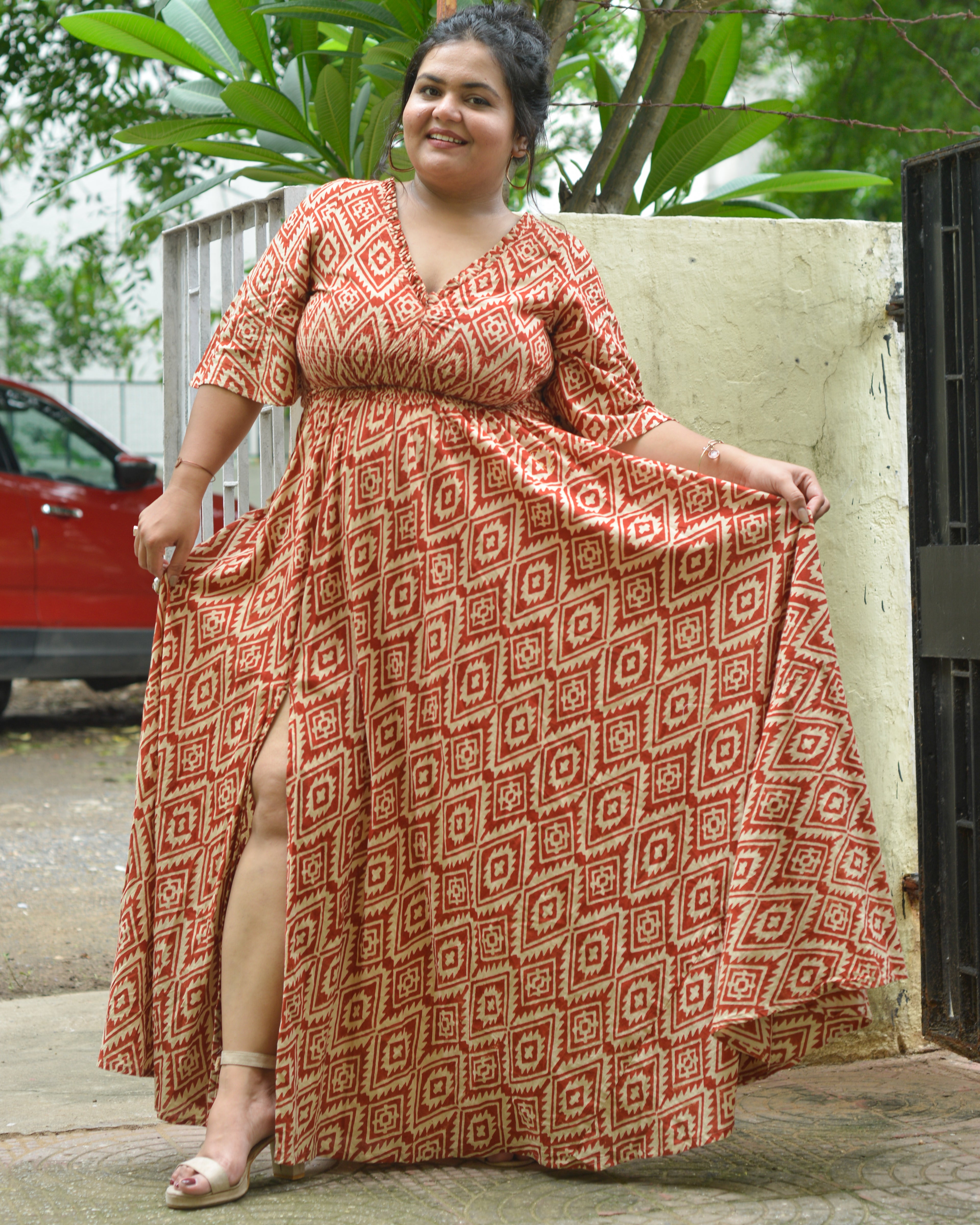 Red Aztec Slit Kirtle Plus Size Dress
