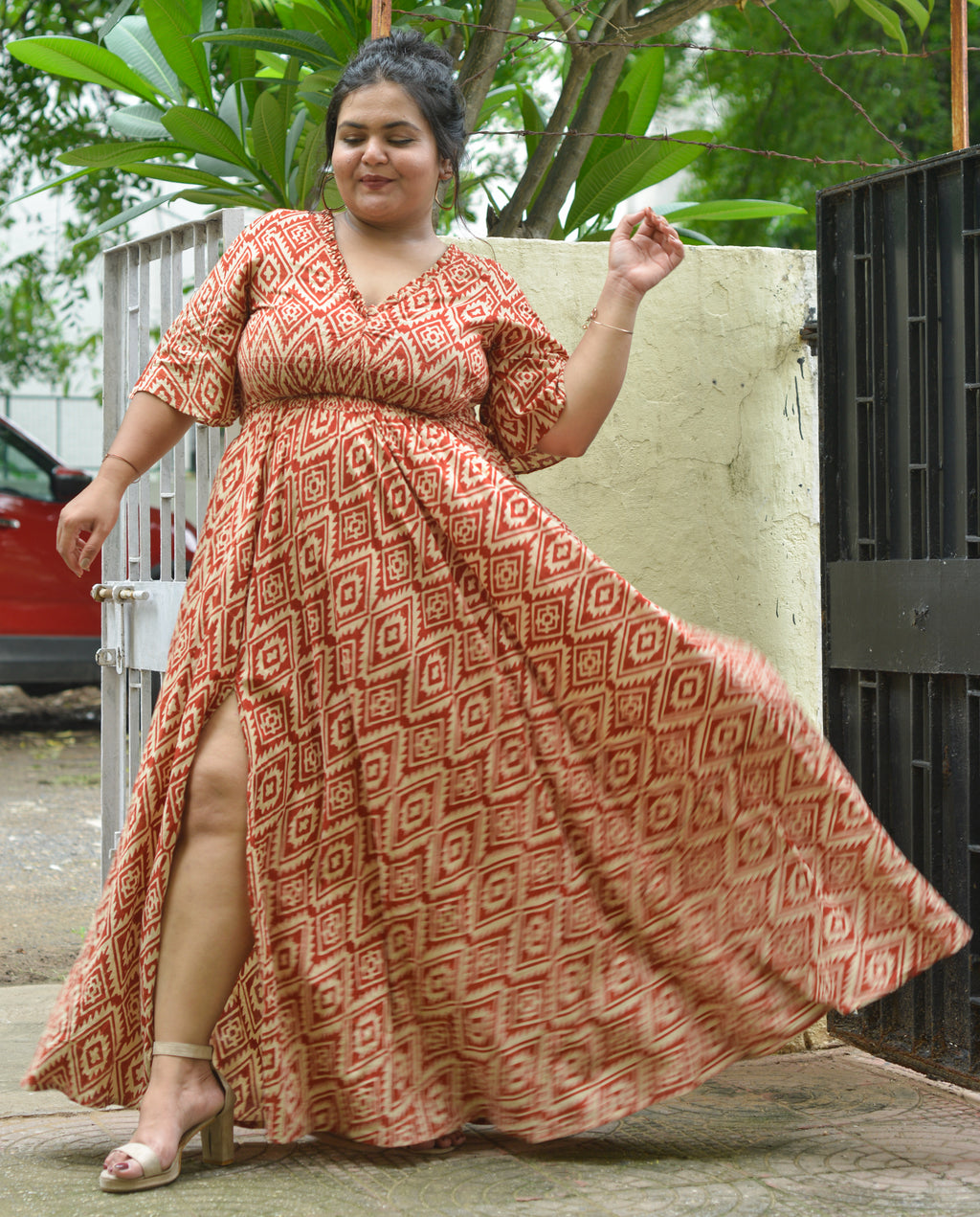 Red Aztec Slit Kirtle Plus Size Dress