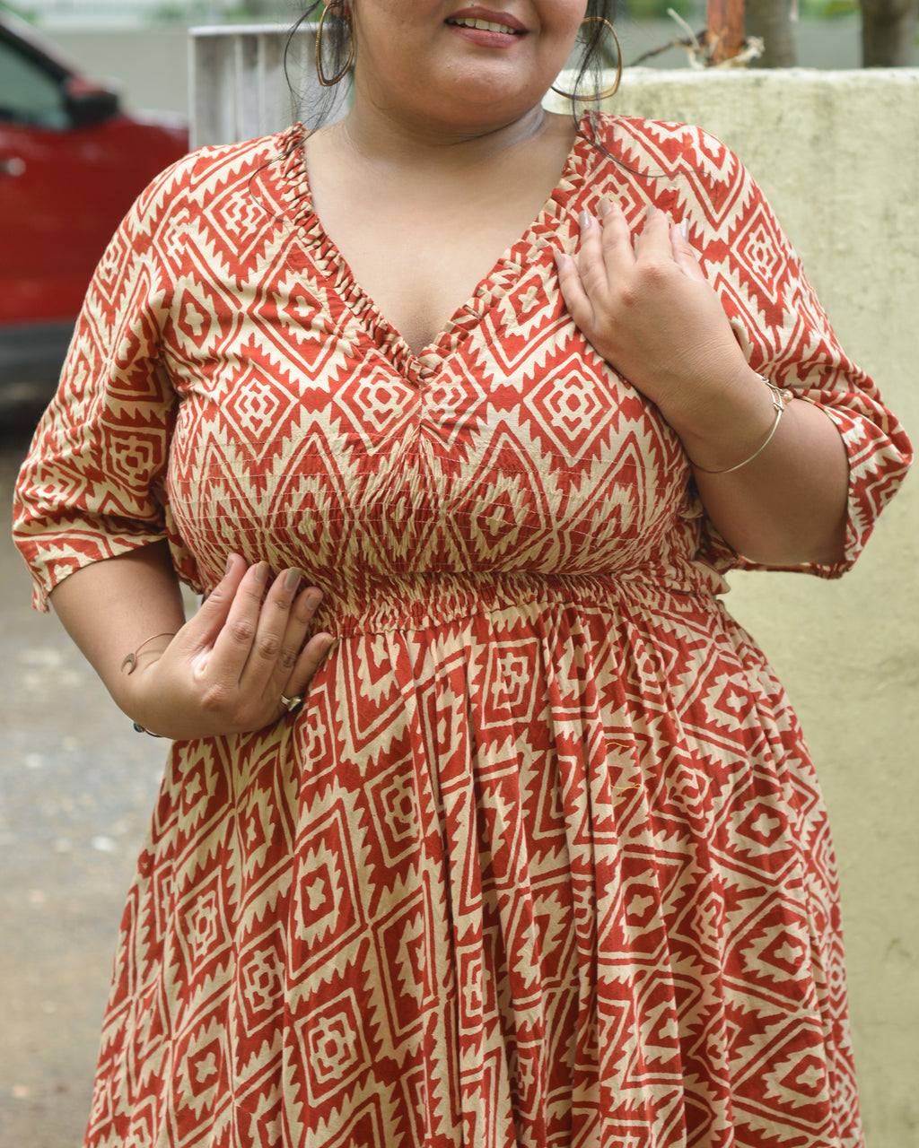 Red Aztec Slit Kirtle Plus Size Dress