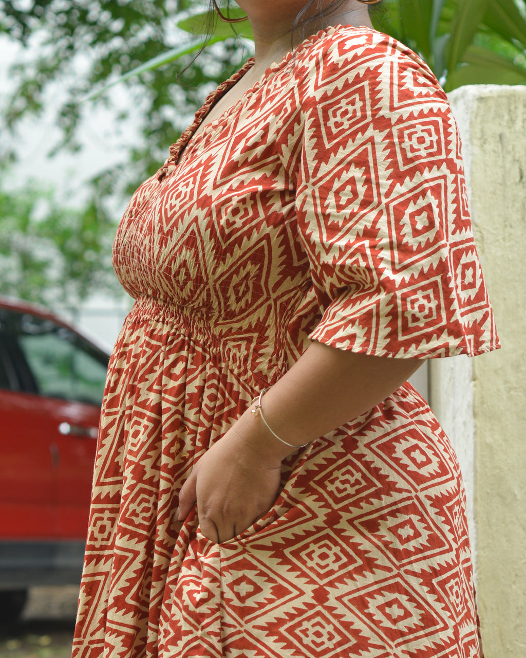 Red Aztec Slit Kirtle Plus Size Dress