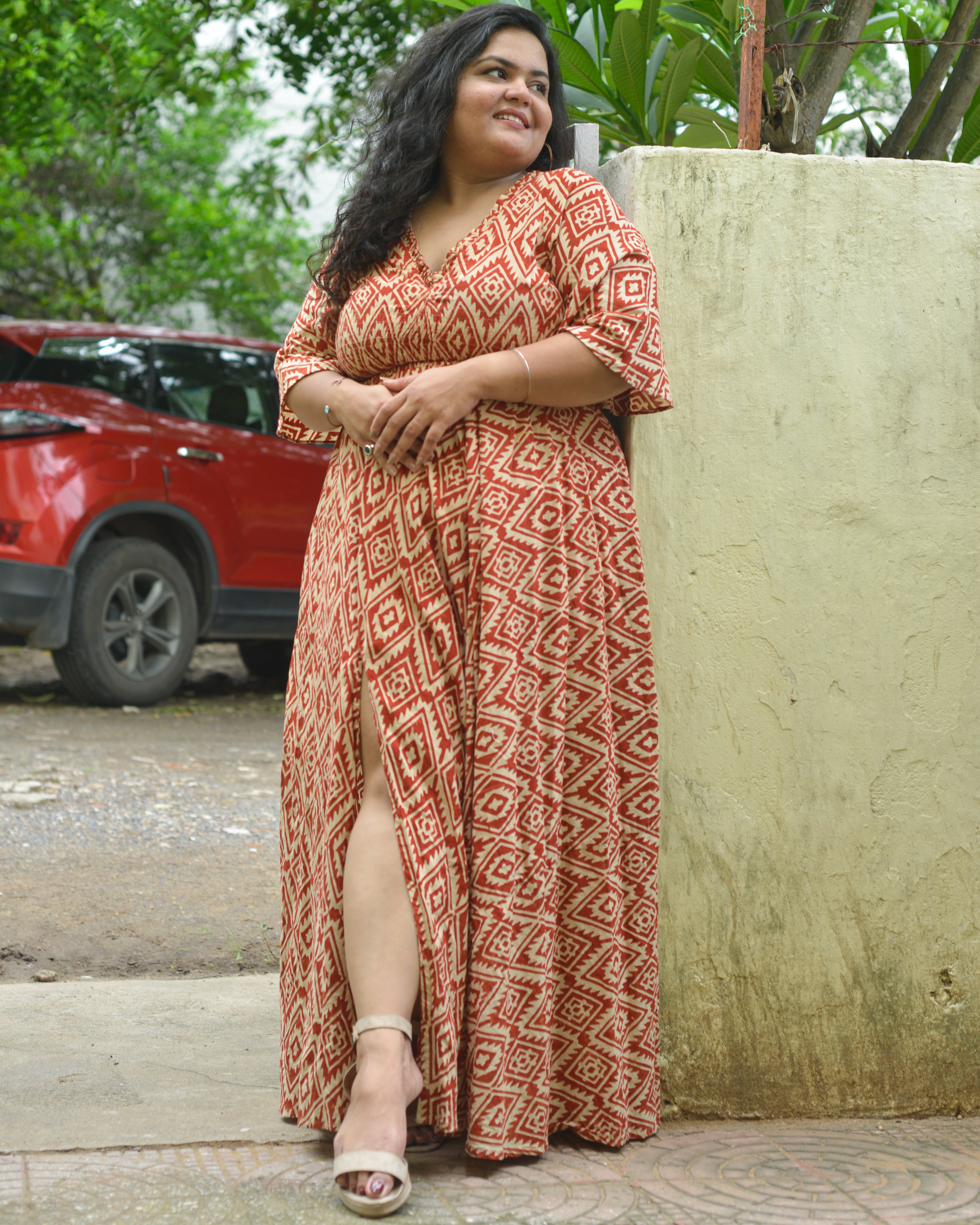 Red Aztec Slit Kirtle Plus Size Dress