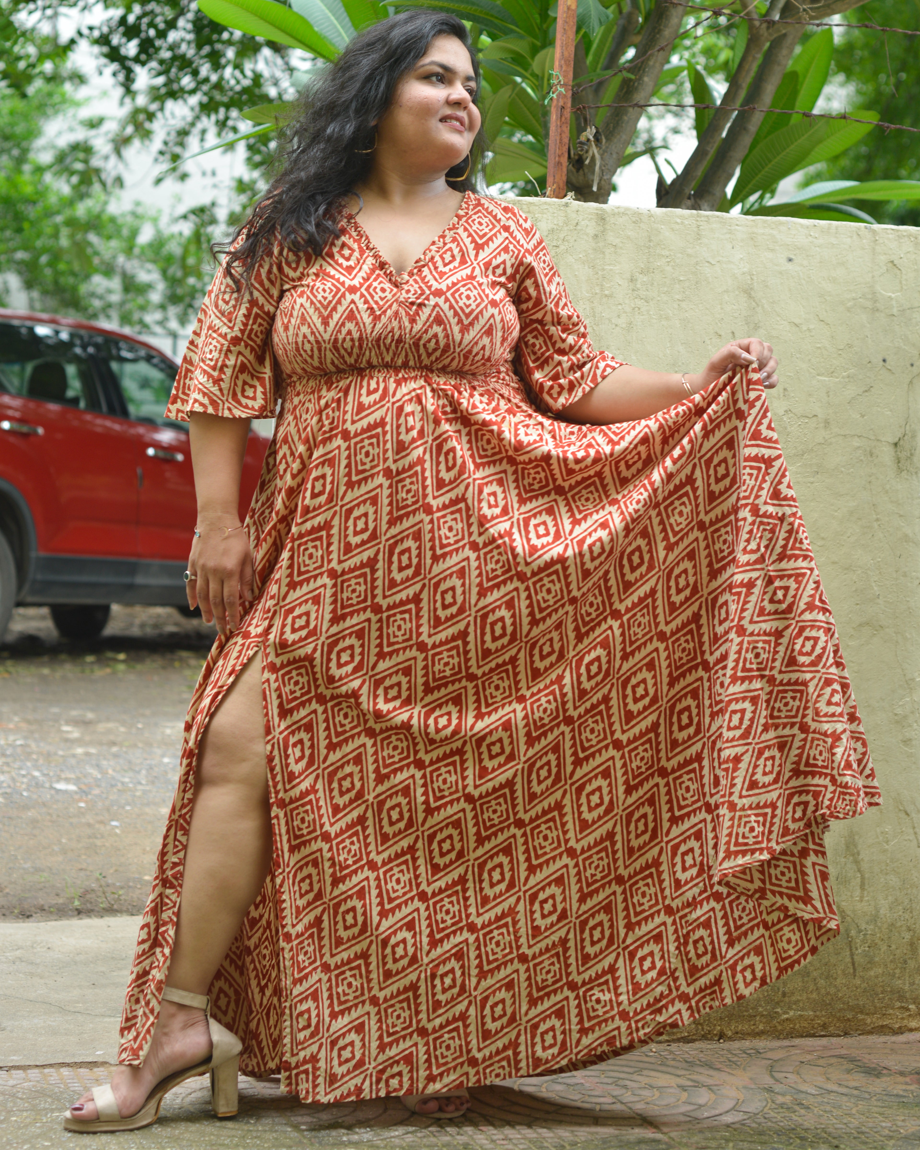 Red Aztec Slit Kirtle Plus Size Dress