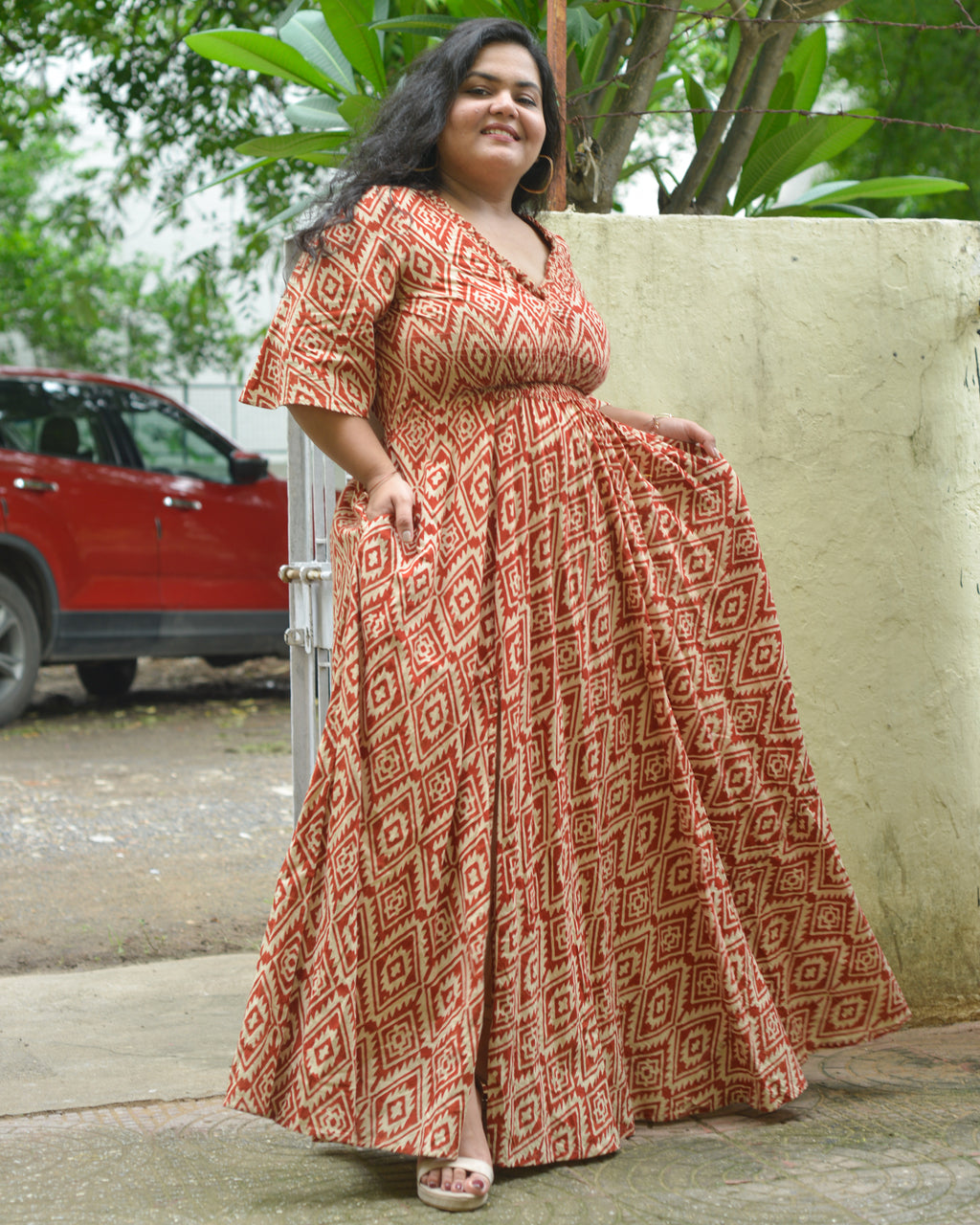 Red Aztec Slit Kirtle Plus Size Dress