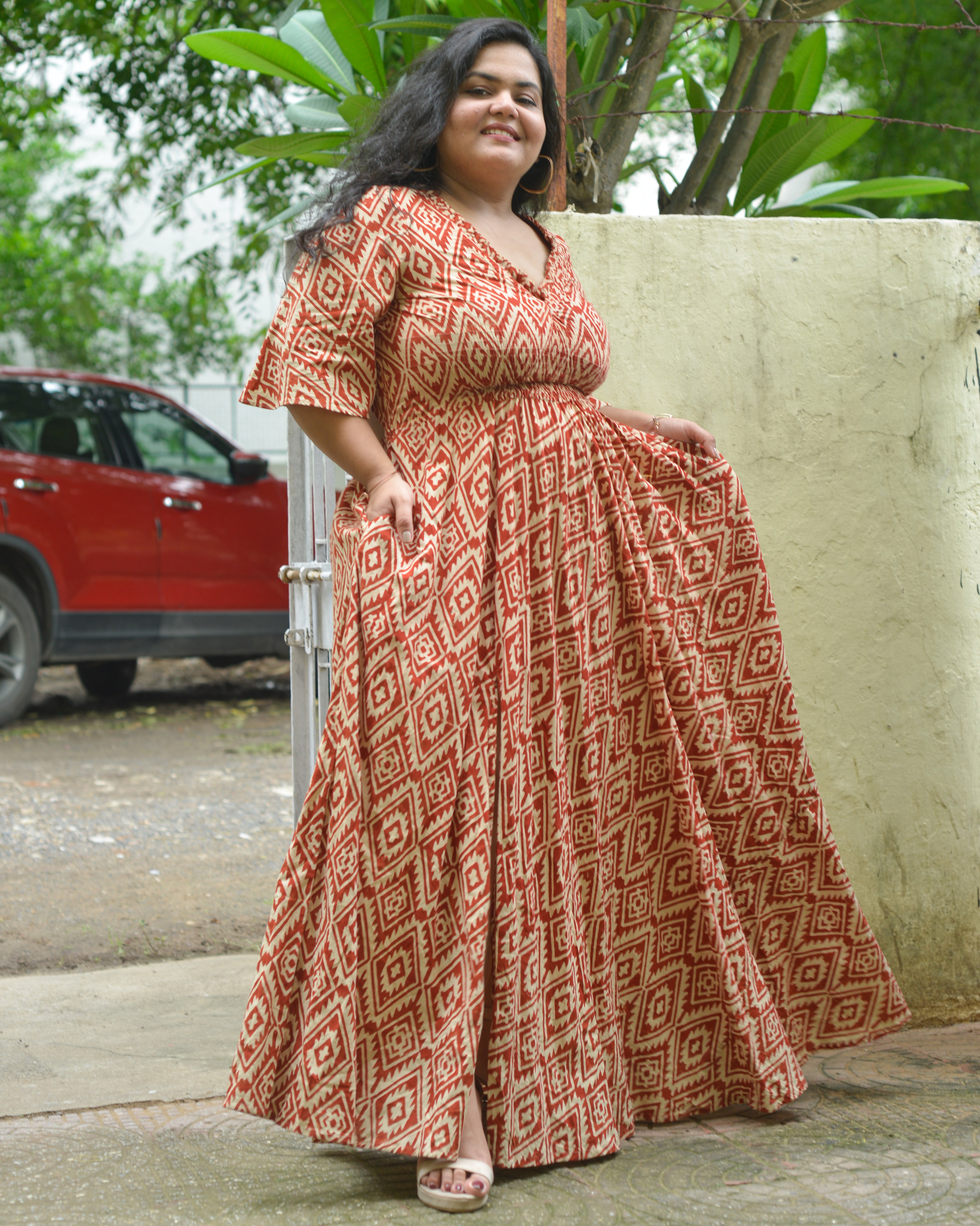 Red Aztec Slit Kirtle Plus Size Dress