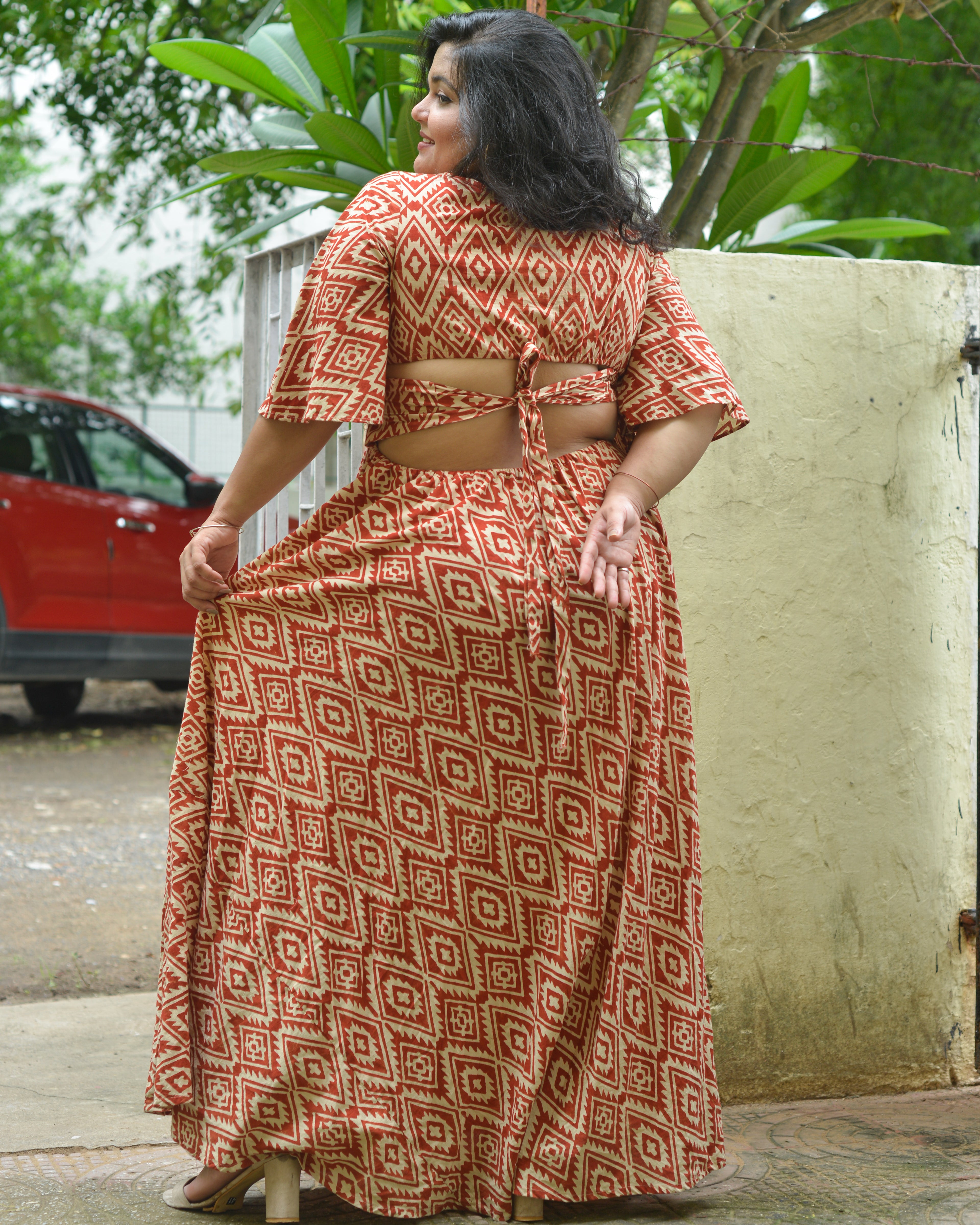 Red Aztec Slit Kirtle Plus Size Dress