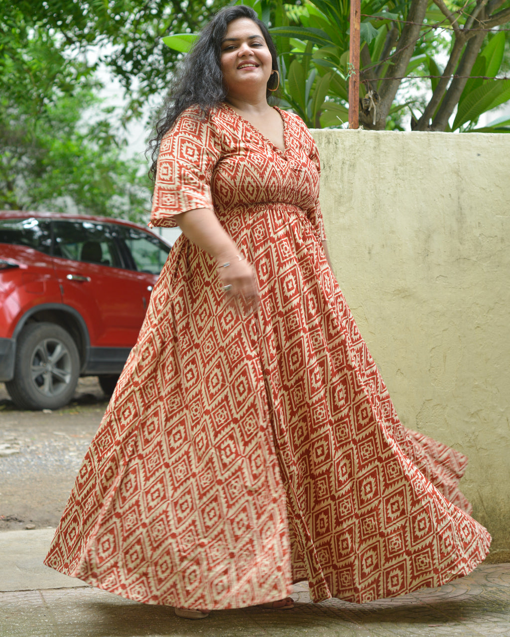 Red Aztec Slit Kirtle Plus Size Dress