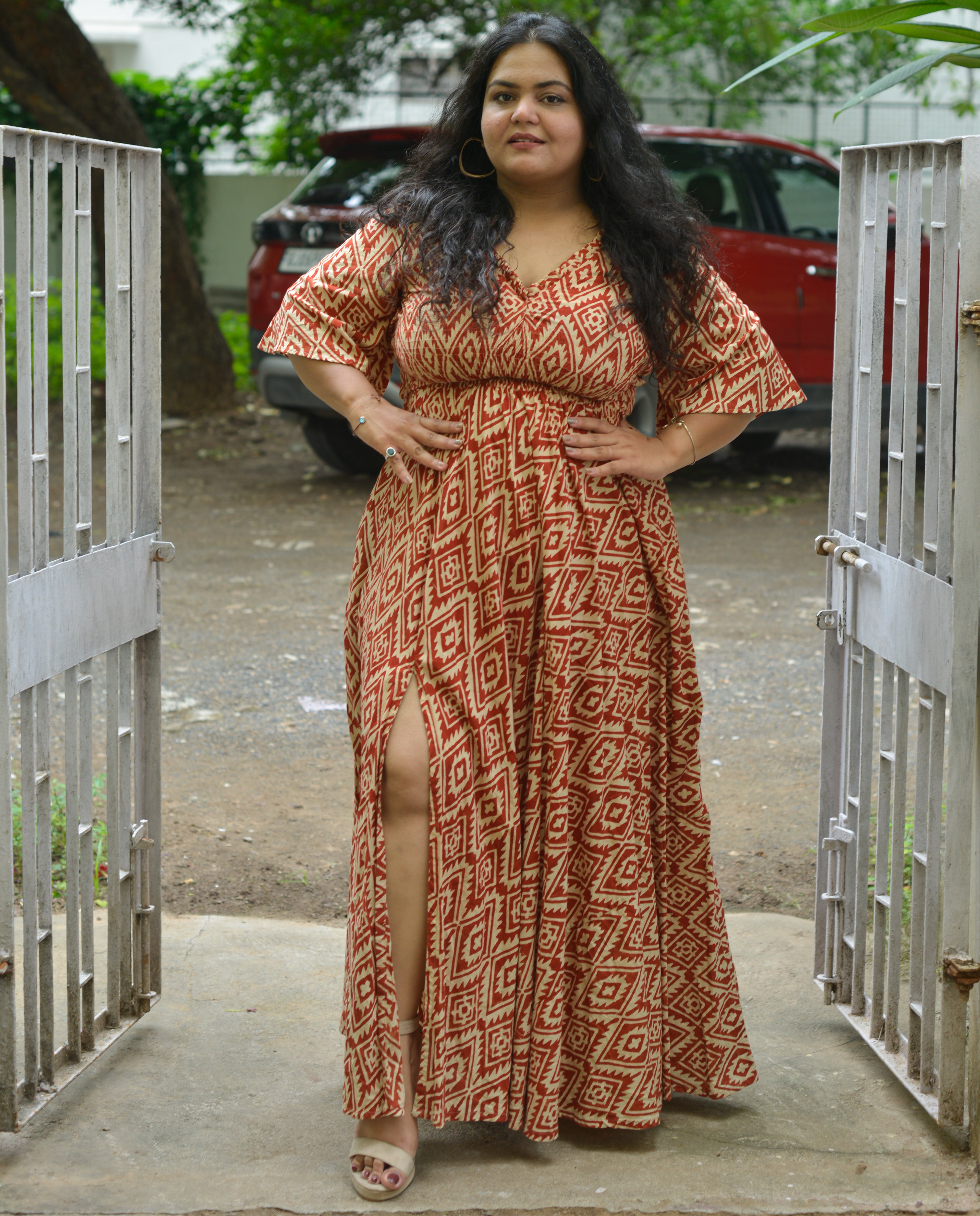 Red Aztec Slit Kirtle Plus Size Dress