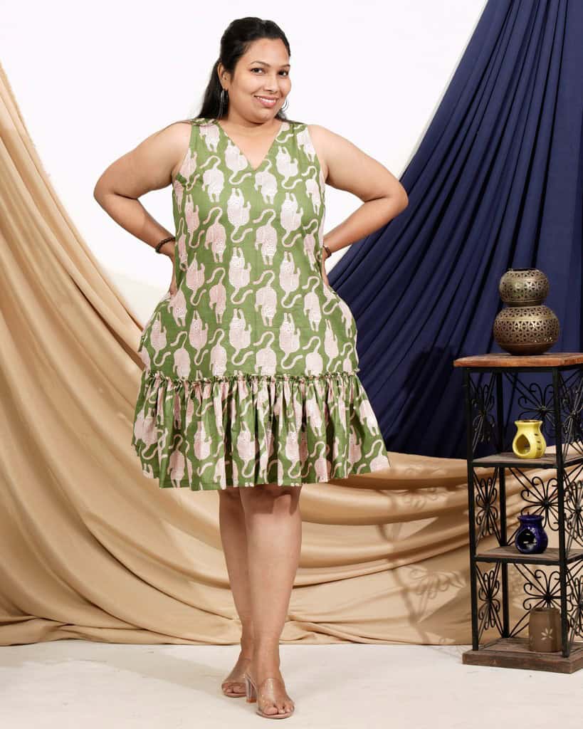Green Kitty Short Frill Plus Size Dress