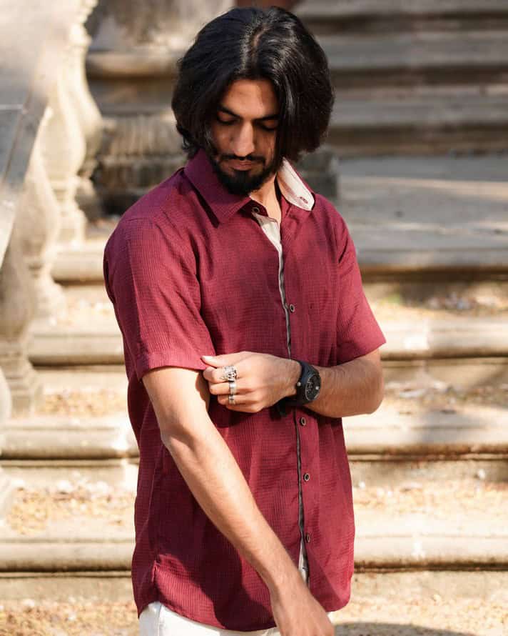 Maroon Checkered Dress with Shrug Family Set