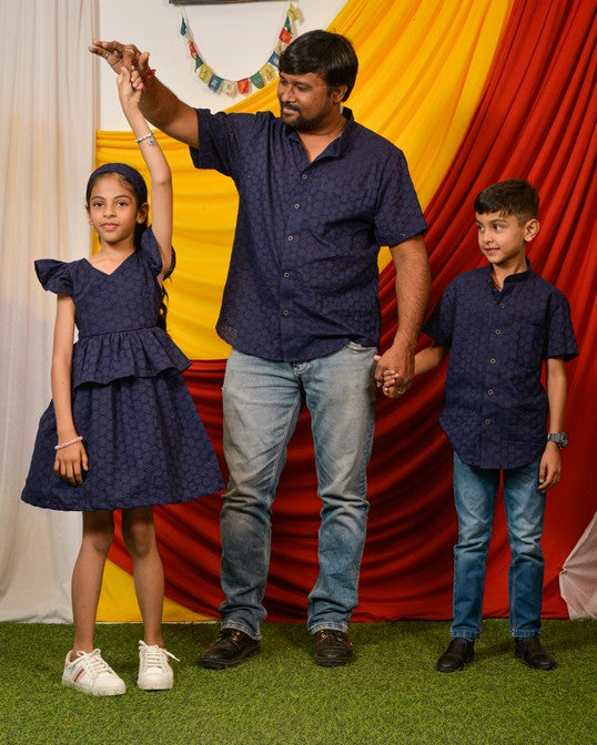 Ink Blue Cutwork Father Kid Twining